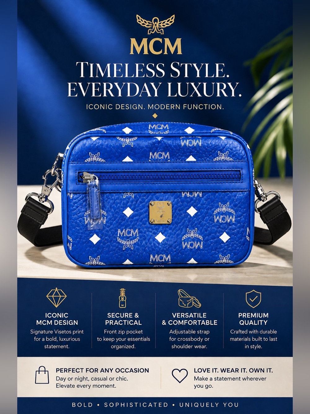 MCM Royal Blue Visetos Logo Messenger Bag, with Polished Metal Logo Plaque